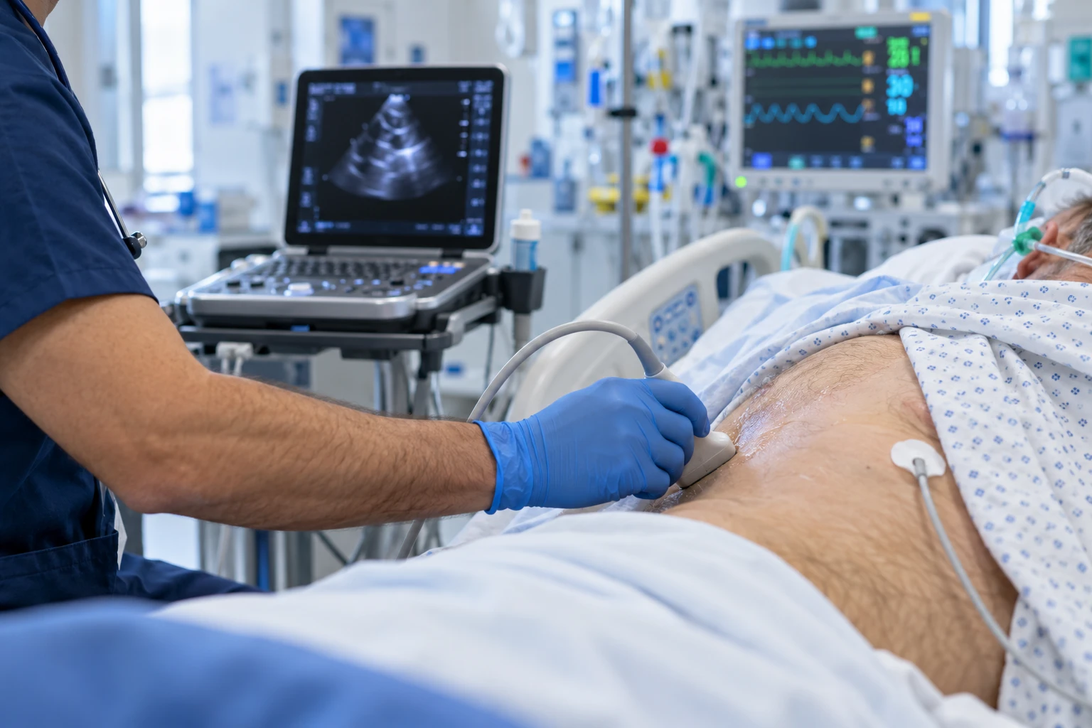 Lekarz wykonuje przyłóżkowe badanie USG (POCUS) pacjenta na oddziale intensywnej terapii, na ekranie przenośnego aparatu obraz serca